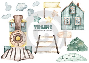 Watercolor kids set with cute cartoon train in front of house, railroad, rails, bush, pointer, smoke