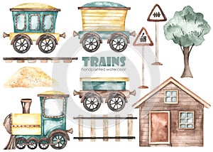 Watercolor kids set with cute cartoon train sideways, house, railroad, rails, tree, railway signs photo