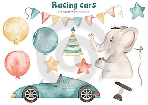 Watercolor kids set with racing car, elephant, balloons, flags, cap, stars, steering wheel for children`s birthday