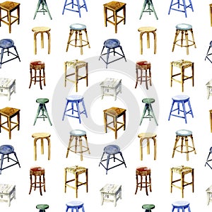 Watercolor Kitchen and bar backless stools seamless pattern. .