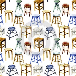 Watercolor Kitchen and bar backless stools seamless pattern. .