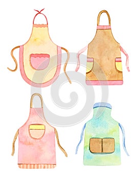 Watercolor kitchen utensils, accessories - aprons, dish towels, cut board, spoon