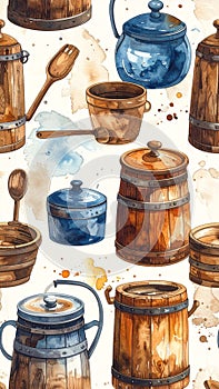 Watercolor Kitchenware Pattern - Rustic Charm and Vintage Style