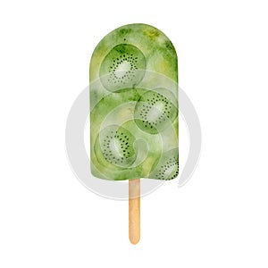 Watercolor kiwi popsicle. Hand drawn fruit ice cream pop isolated on white background. Summer frozen dessert. Green ice