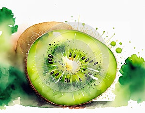 Watercolor kiwi slice with vivid green hues and dynamic splashes, embodying freshness and creativity