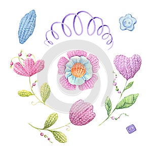 Watercolor knitted flowers and knitting accessories. Vector illustration