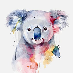 Watercolor Koala portrait, painted illustration of a cute koala on a blank background, Colorful splashes animal head, AI