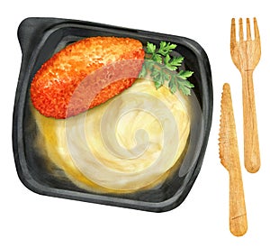 Watercolor Kyiv cutlet and mashed potatoes. Food delivery