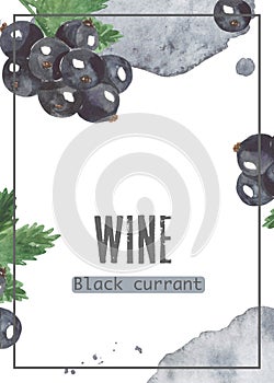 Watercolor label for blackcurrant wine, rectangular template