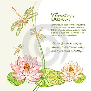 Watercolor label of lotus and dragonfly.