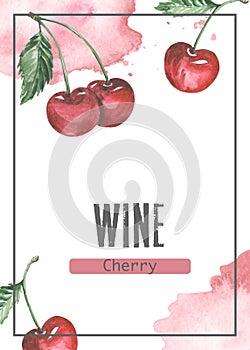 Watercolor label for red cherry wine, rectangular template