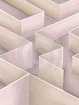 Watercolor labyrinth illustration background. Search exit, find direction