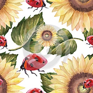 Watercolor Ladybug sitting on a sunflower with leaf seamless pattern
