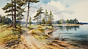 A watercolor of a lake and a dirt road