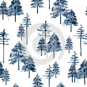 Watercolor landcape seamless pattern with forest tree. Fir Tree and pine tree deep blue color for textile fabric