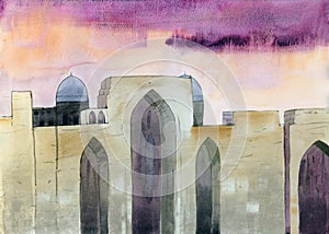 watercolor landscape of ancient city with beautiful sky. Eastern city. Jerusalem. For publications, posts, designs