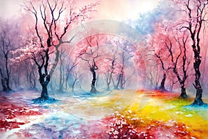 Watercolor landscape art with multicolored forest, surreal sakura trees with colorful leaves, artistic vision of spring