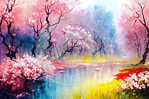 Watercolor landscape art with multicolored forest, surreal sakura trees with colorful leaves, artistic vision of spring