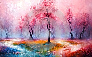 Watercolor landscape art with multicolored forest, surreal sakura trees with colorful leaves, artistic vision of spring