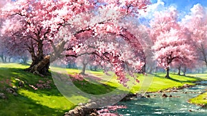 Watercolor landscape art with multicolored forest, surreal sakura trees with colorful leaves, artistic vision of spring