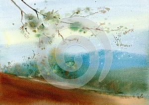 Watercolor landscape artwork. Artistic painting.