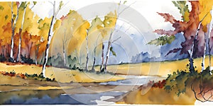 Watercolor landscape. Autumn in the forest by the river.