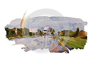 Watercolor landscape with autumn road after the rain, rainbow and some cars and vans on their way. Original