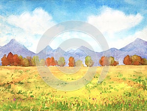 Watercolor landscape with autumn trees, mountains, clouds, field, hand drawn illustration