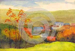 Watercolor landscape. Autumn view from the hill to the village