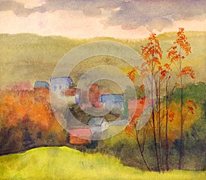 Watercolor landscape. Autumn view from the hill to the village