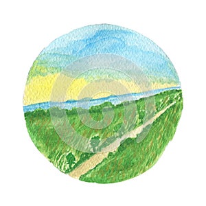 Watercolor landscape background. Sunny road trip.