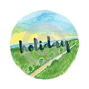 Watercolor landscape background. Sunny road trip holiday.