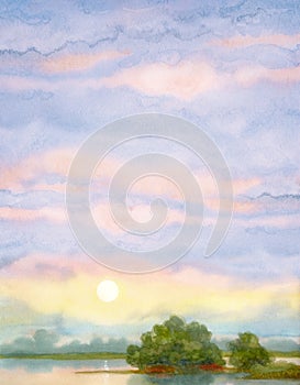 Watercolor landscape background. Sunrise over lake