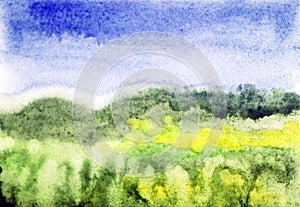 Watercolor landscape with blur dky and green grass. More abstract then graphic