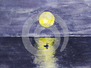 Watercolor landscape boat and the man lonely in ocean with full yellow moon reflection in water.