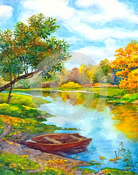 Watercolor landscape. Boat near at  river