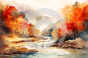 watercolor landscape, bright autumn forest, river and mountains