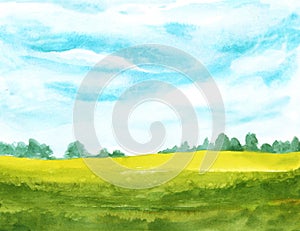 Watercolor landscape with clouds on blue sky and green grass. hand painted background