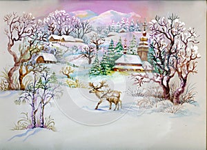 Watercolor Landscape Collection: Winter Village Li