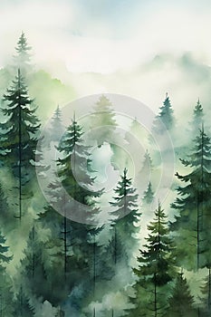 Watercolor landscape with coniferous forest in fog. Vertical painting. Printable wall art