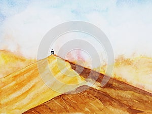 Watercolor landscape desert with the man stand alone in sandstorm. hand drawn.