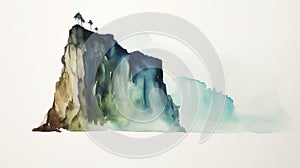 Watercolor Landscape Drawing Of A Cliff: Translucent Layers, Mysterious Jungle, Minimalist Ink Wash