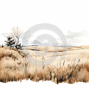 Watercolor Landscape With Dry Grass And Lone Cypress