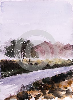 Watercolor landscape of early morning with fog