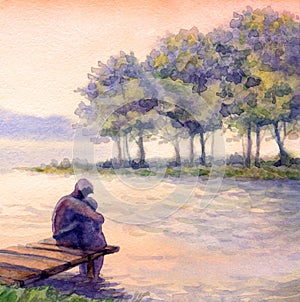 Watercolor landscape. Father and son by the lake