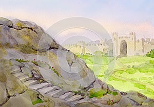 Watercolor landscape. Field at the old fortress