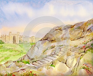 Watercolor landscape. Field at the old fortress