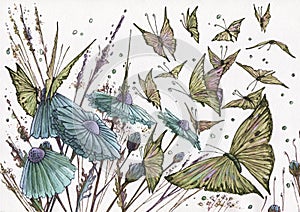 Watercolor landscape with flowers and flying exotic butterflies morpho illustration, beautiful hand drawn pattern as floral art