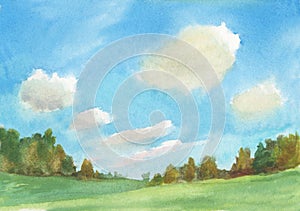 Watercolor landscape with fluffy clouds, trees, green grass. hand painted natural background
