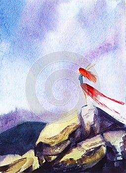 Watercolor landscape of fragile figure of girl with flowing red hair and outstretched arms in middle of rough cliffs